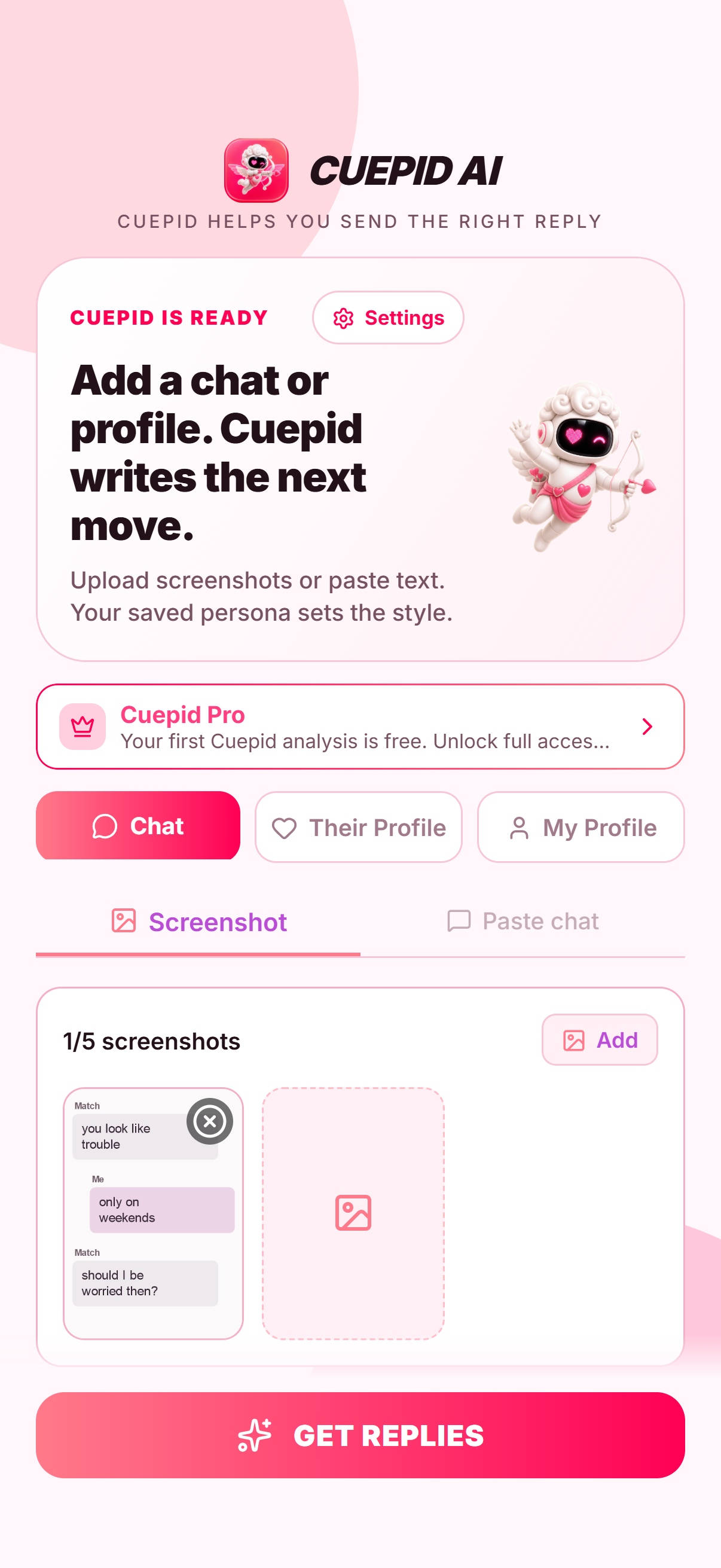 Cuepid AI in Chat mode with Screenshot input selected and an uploaded dating-chat screenshot preview.