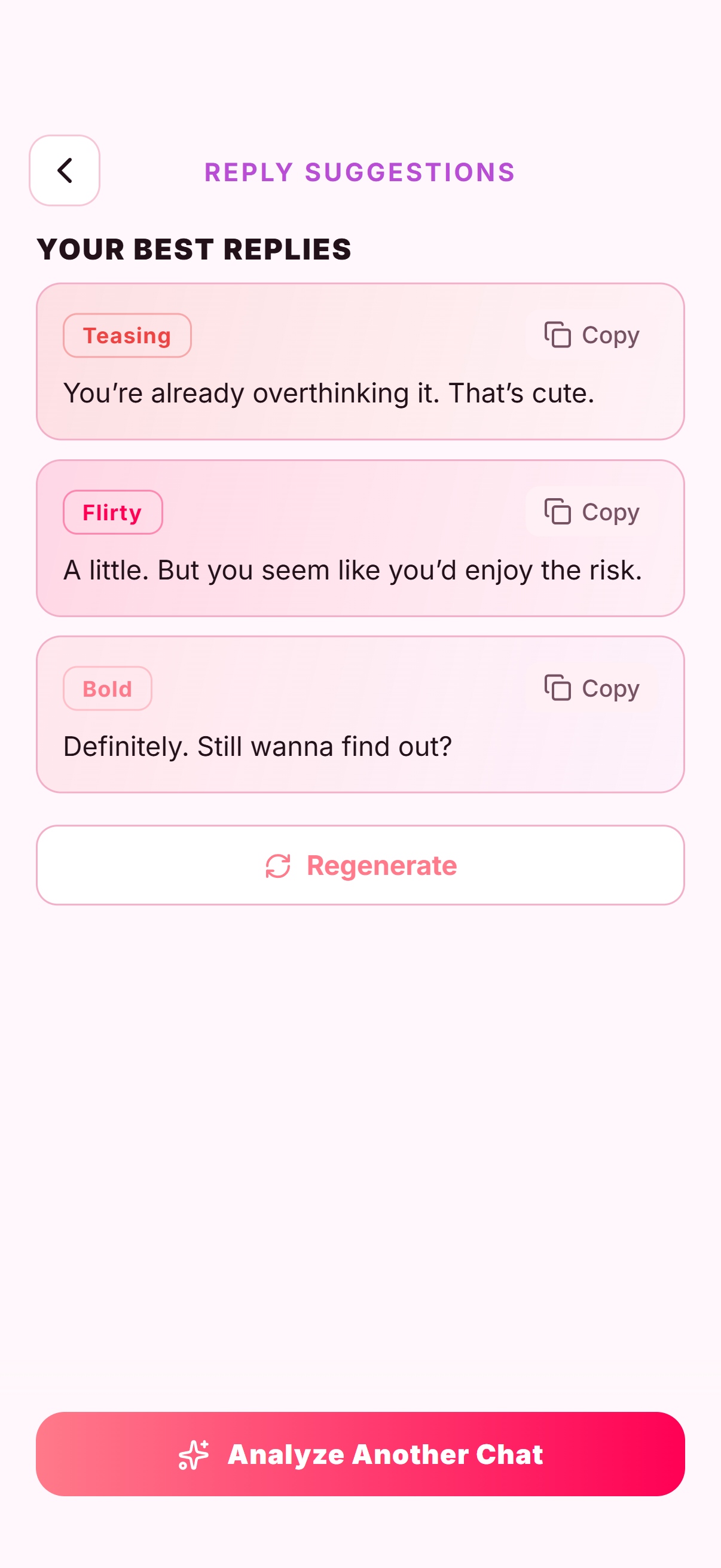 Cuepid AI reply suggestions in Teasing, Flirty, and Bold tones, with Copy and Regenerate controls.